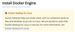 Docker documentation page with a banner highlighting that Docker for Desktop now exists for Linux