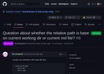 Screenshot of GitHub issue with title "Question about whether the relative path is base on current working dir or current md file?" with the first entry in the issue describing how their blog posts have images in the same directory as the post