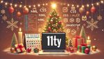 A silver laptop with the Eleventy logo on the screen sitting on a desk covered in holiday gifts, a holiday calendar and surrounded with floating technology text and holiday-theme decor.