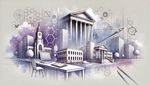 Illustration depicting the intersection of technology and higher education, featuring classical university buildings, modern skyscrapers, a digital workstation, and abstract data visualizations, symbolizing digital transformation and institutional modernization.