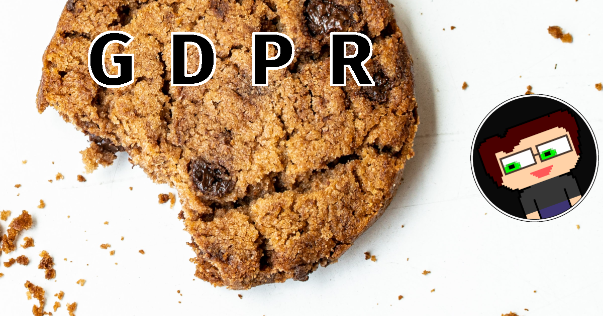 A chocolate chip cookie on a white surface with a bite taken out of it and crumbs scattered about the surface. The letters 'GDPR' are printed on the top of the cookie with black lettering with a white border.