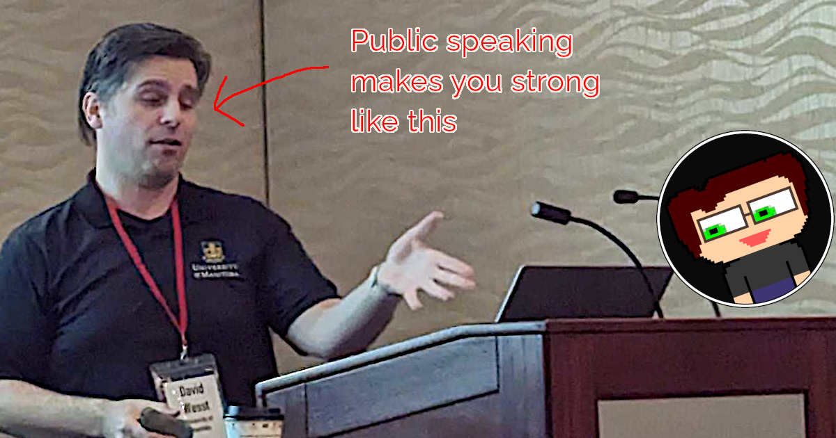 David Wesst with a bit of a goofy face, mid speech at a podium at Prairie Dev Con 2022 in Calgary, with his hand extended talking about the role IT architecture played in preparing the Student Information / Finance System to be cloud-ready.