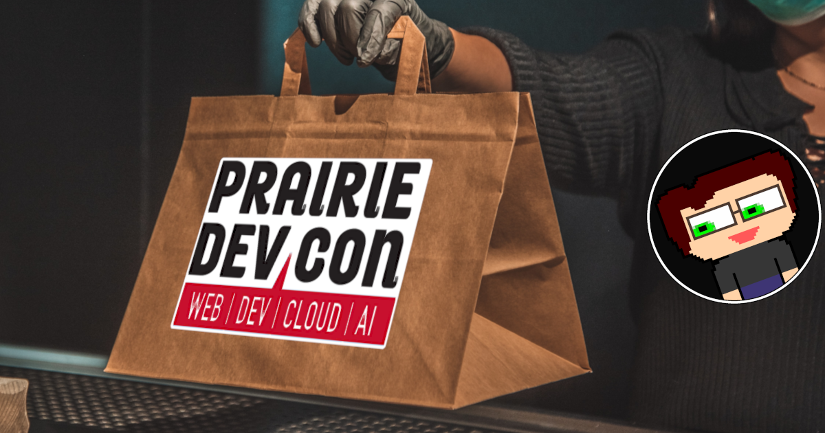 A woman holding a brown paper bag with the Prairie Dev Con logo on it, seemingly handing it to someone on the other side who is not visible in the photo.