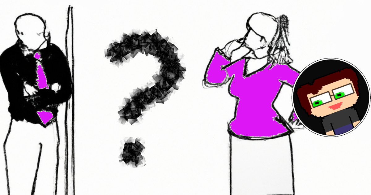 A sketch of a man with a fuchsia tie and women dressed in fuchsia blouse looking at a black question mark made up of small cubes