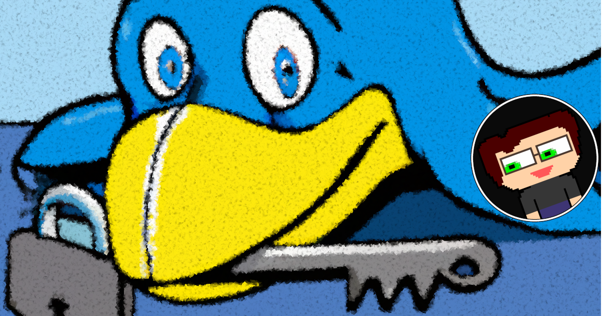 A light blue cartoon style whale, meant to resemble the Docker logo, with a yellow-orange beak, like the Linux penguin, holding a key in it's mouth. Drawn with very small squares.