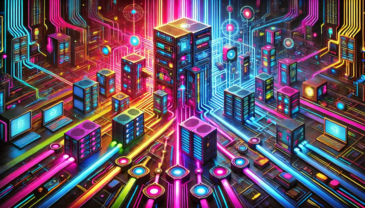 A futuristic cyberpunk scene featuring interconnected systems and technology. Bright neon colors, such as electric blue, neon pink, and vibrant purple, dominate the glowing wires linking futuristic machines, servers, and devices. The dark urban background has an industrial, gritty feel, while intense lighting and sleek, sharp lines give the scene a high-tech, dystopian atmosphere. The wires and technology form a chaotic yet organized network, with the vivid colors creating contrast against the dark surroundings.