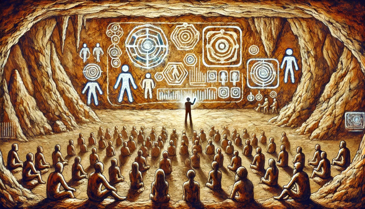 a cave-like setting with a group of people seated in rows, attentively facing a figure at the front who appears to be teaching or presenting. Behind the figure, glowing white and blue symbols, including abstract human figures and geometric designs, are displayed on the cave wall, reminiscent of ancient cave paintings with a modern or futuristic twist.